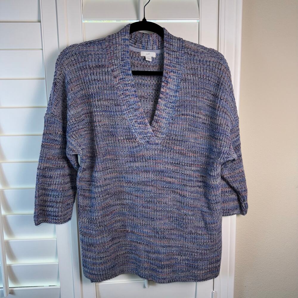 J. Jill 100% Cotton Space Dye V-Neck Sweater Blue Purple Petite Medium Lagenlook